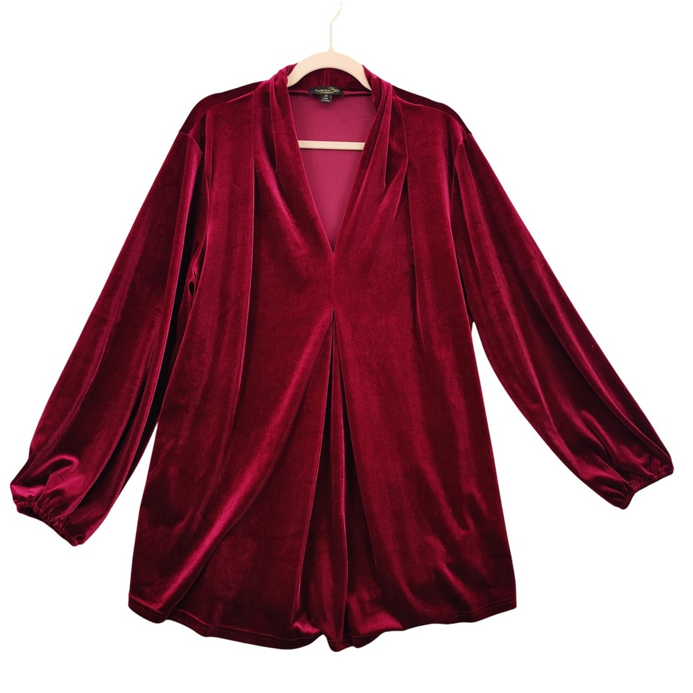 Suzanne Betro Womens Boho Goth Velvet Tunic Top 2X Burgundy Balloon Sleeve VNeck